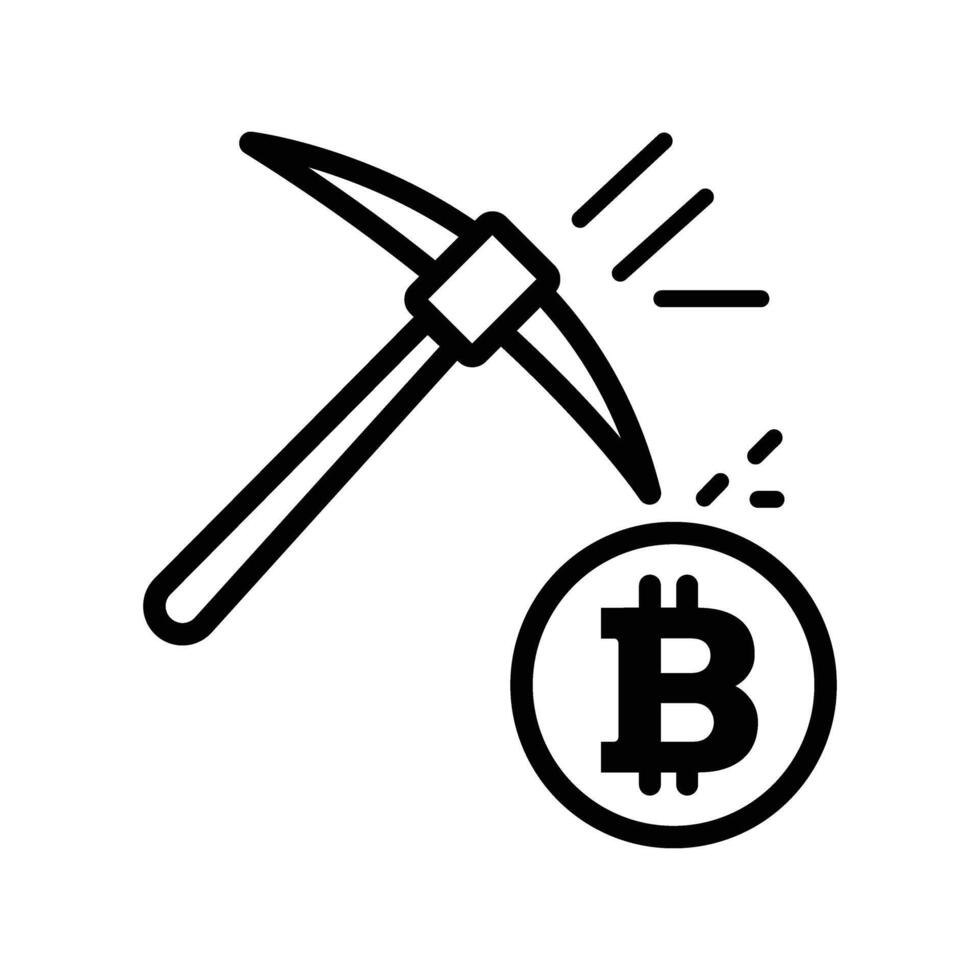 Pickaxe strikes bitcoin symbol, creating sparks on the white background surface, indicating mining vector