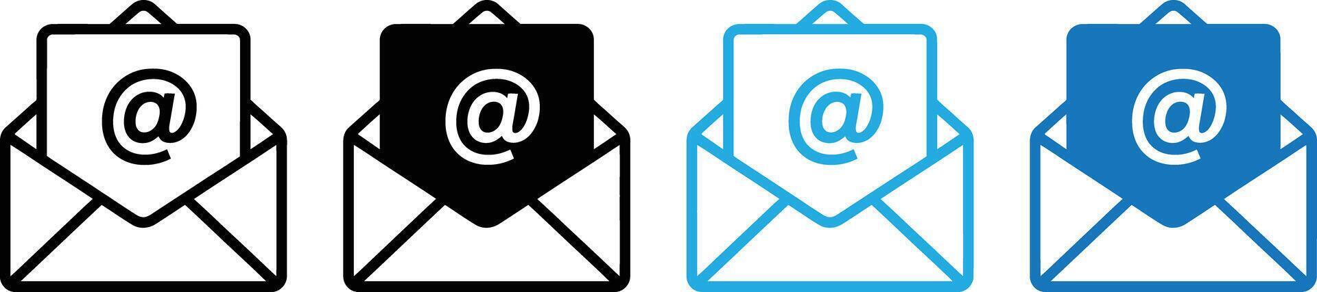 Set of four email icons with at symbol, isolated on transparent background vector