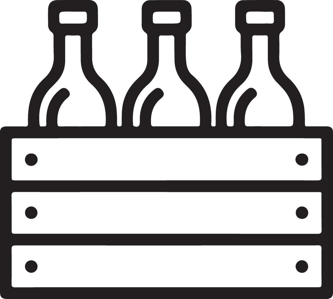 Three outline bottles in wooden crate simple line art icon for beverage and drink vector