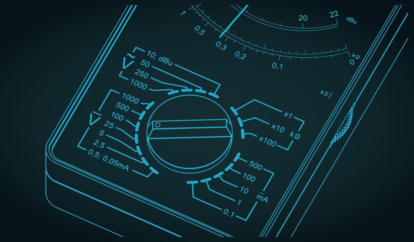 Pointer multimeter measure close-up isometric blueprint vector