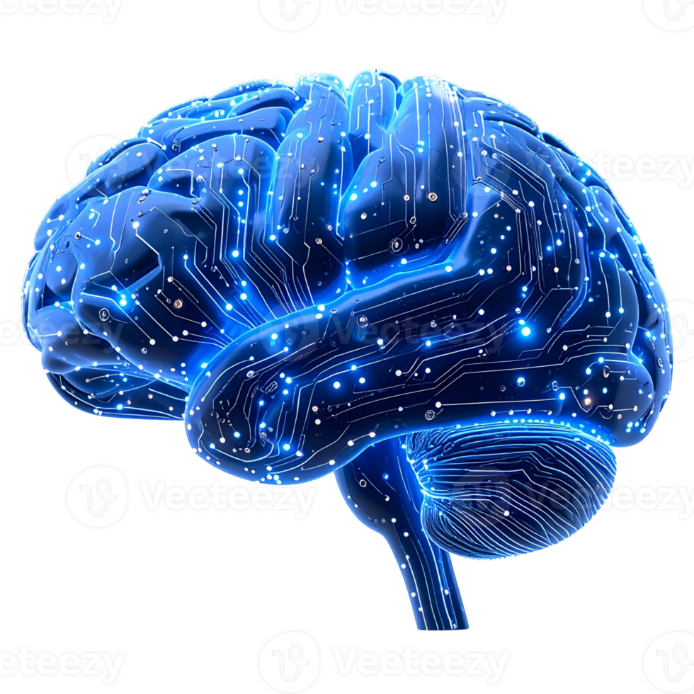 Futuristic concept of artificial intelligence with a glowing blue digital brain showcasing a complex network of neural circuits and data pathways png