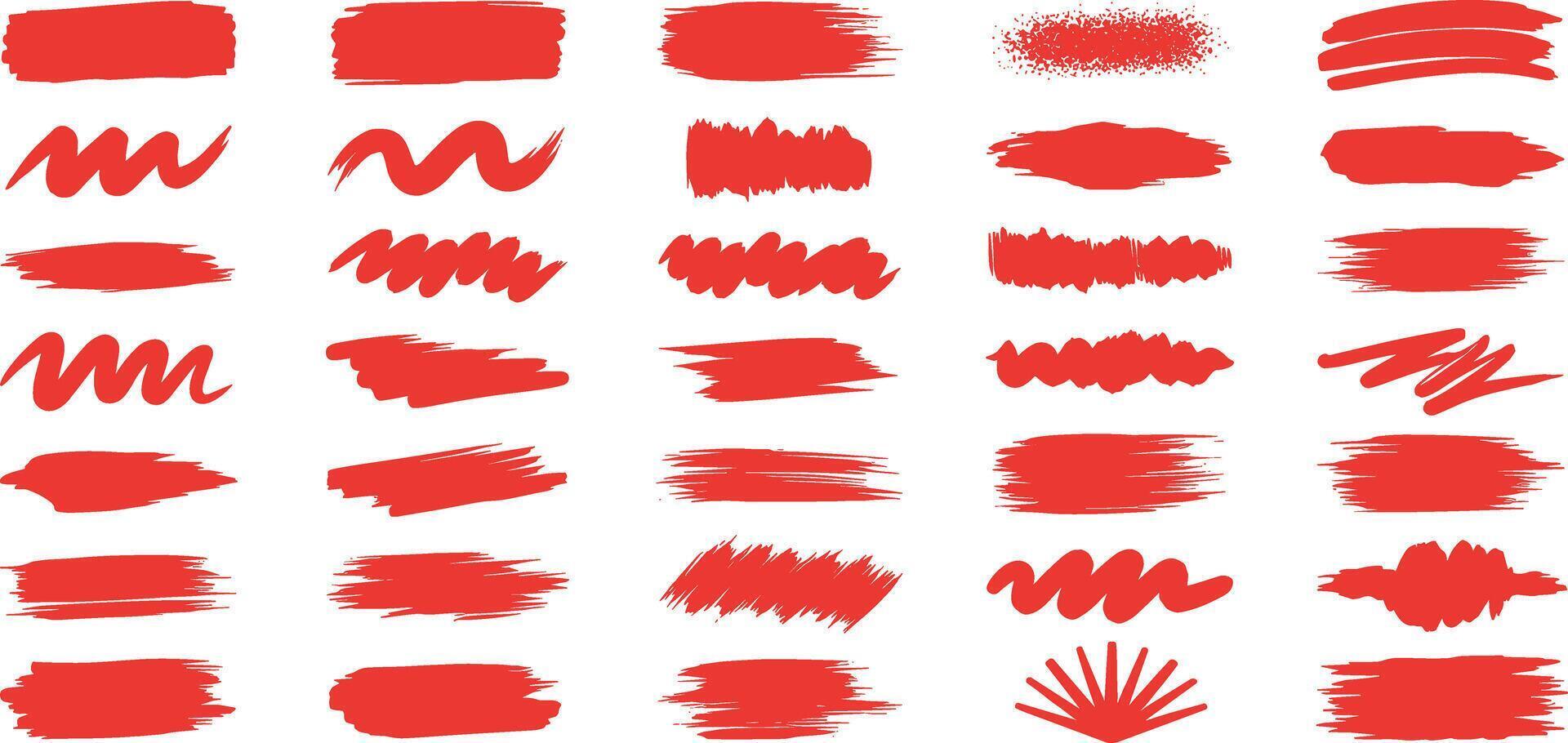Versatile set of dynamic red brush strokes and artistic lines, perfect for modern graphic design, creative accents, web backgrounds, and expressive visual effects vector