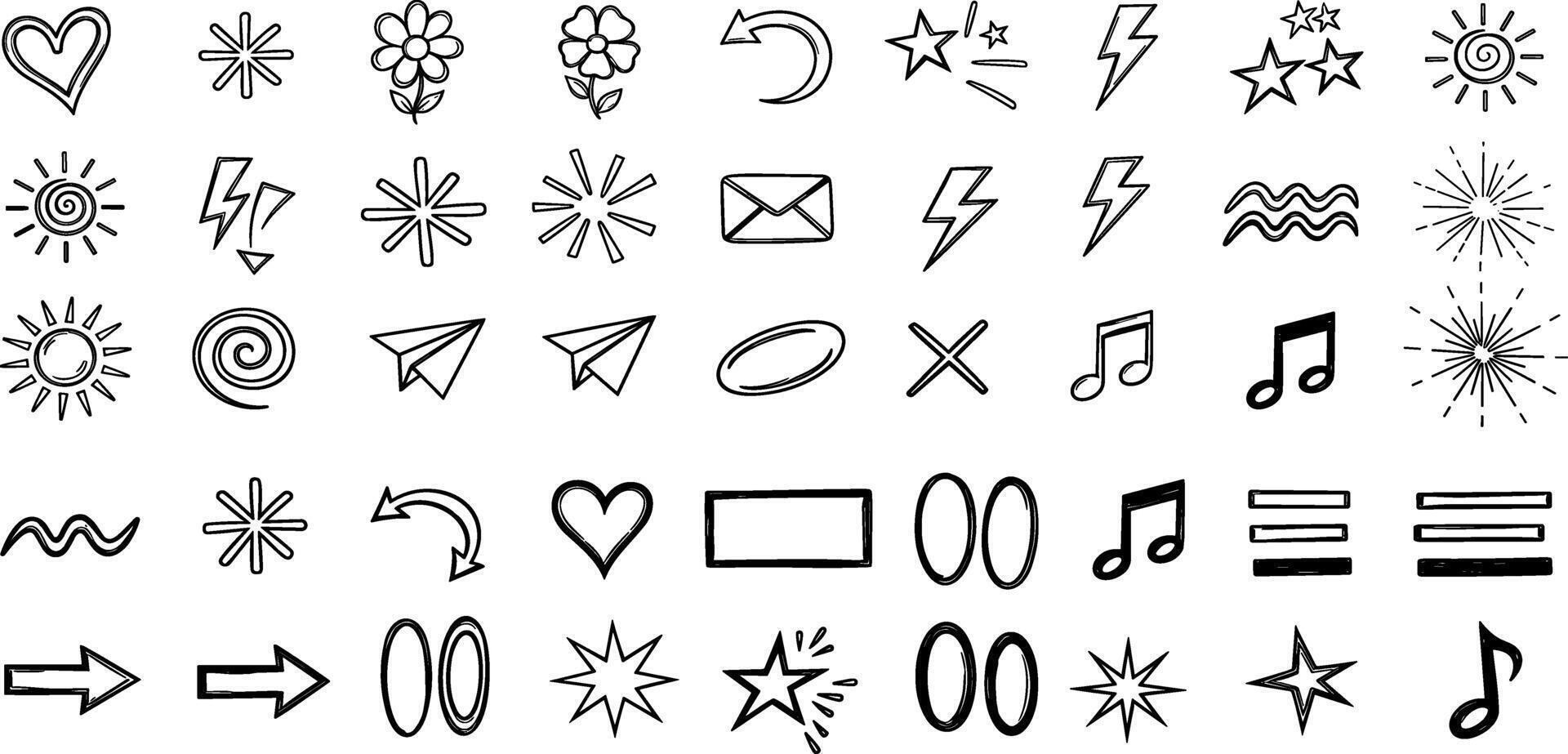 A diverse collection of hand-drawn sketch elements. Simple black and white doodle icons and abstract symbols for creative design projects vector