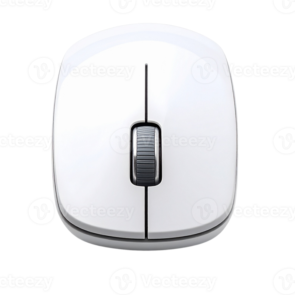 Modern white wireless computer mouse with a smooth, minimalist design and central scroll wheel, isolated on a transparent background, perfect for contemporary technology and office concepts png