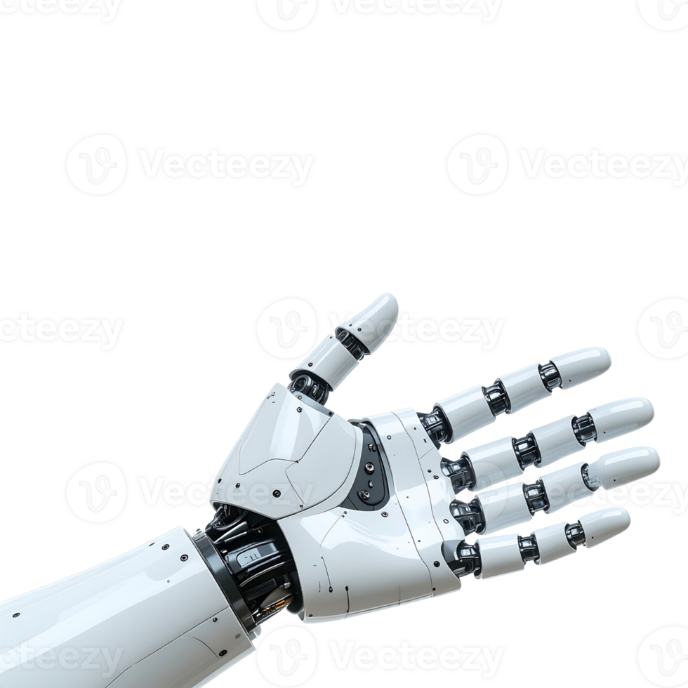 Cutting-edge white robotic arm with extended fingers, symbolizing artificial intelligence, automation, and the future of human-machine interaction in advanced technology png