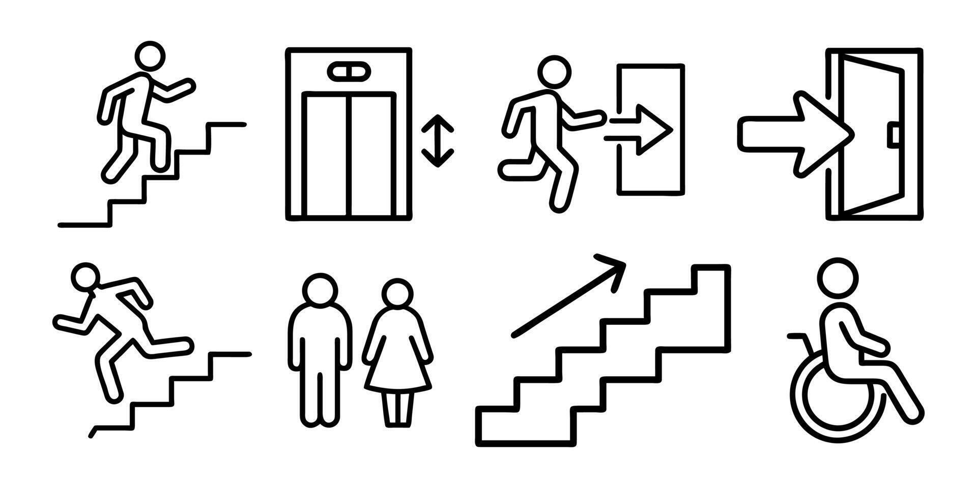 Navigation icon set, elevator, exit, up and down stairs vector