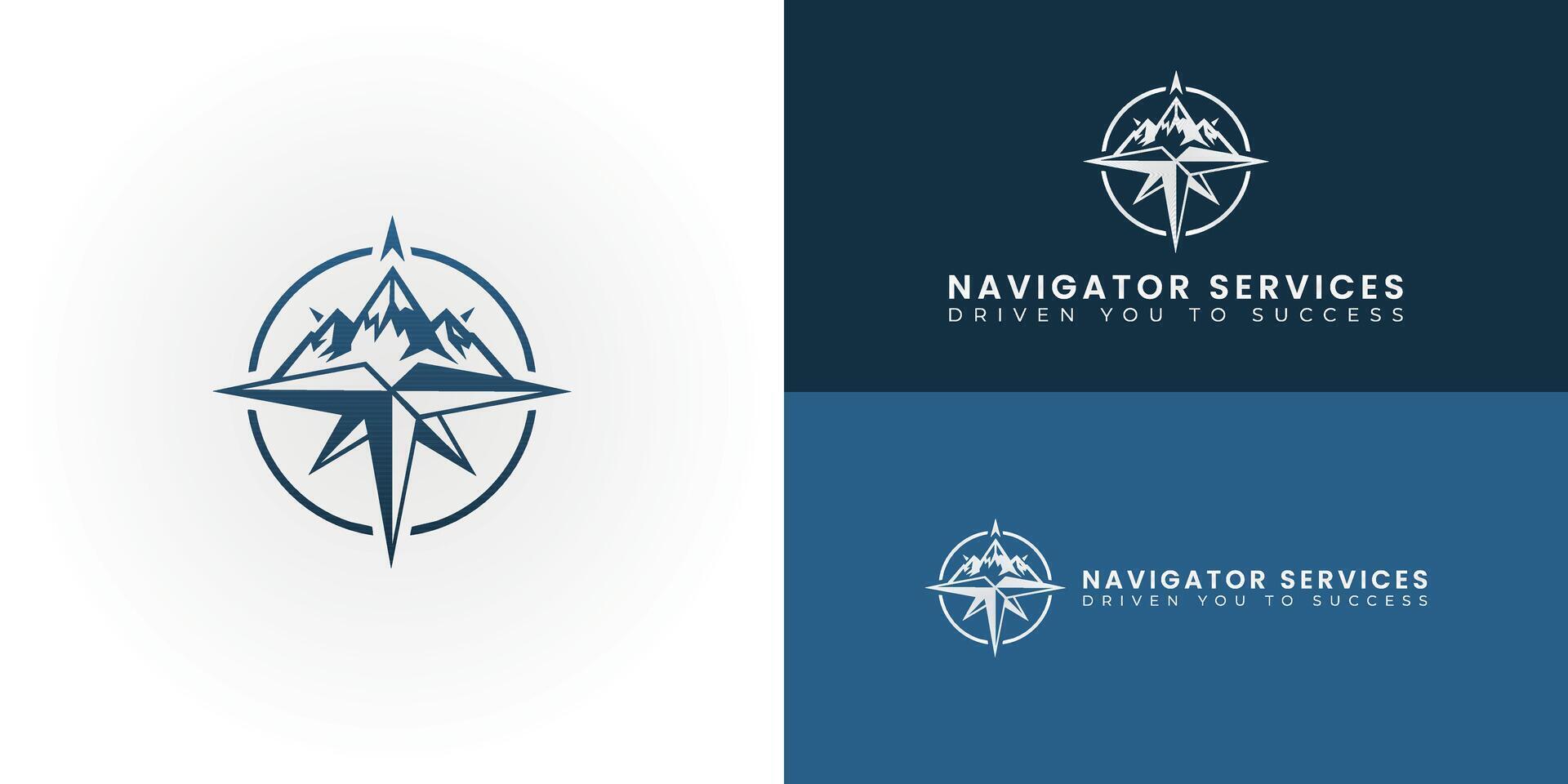 Modern, abstract design combines a compass rose with angular mountains, symbolizing navigation and guiding clients toward their highest goals. vector
