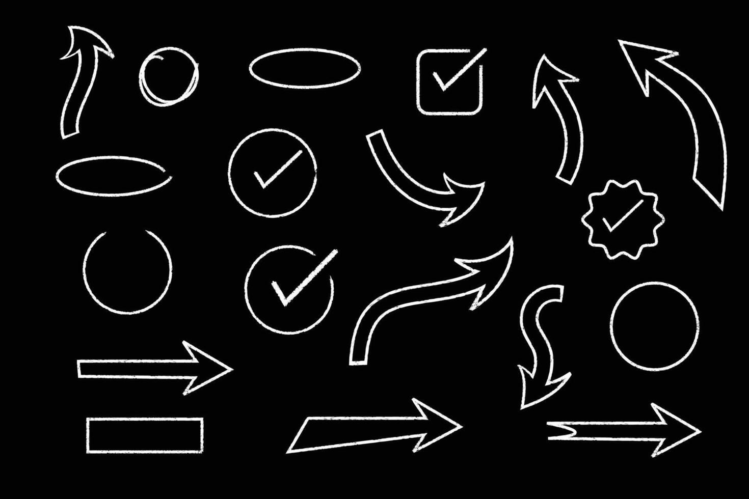 Hand-drawn Chalk Sketch Arrows, Circles, and Check Marks Set on Black Background. vector