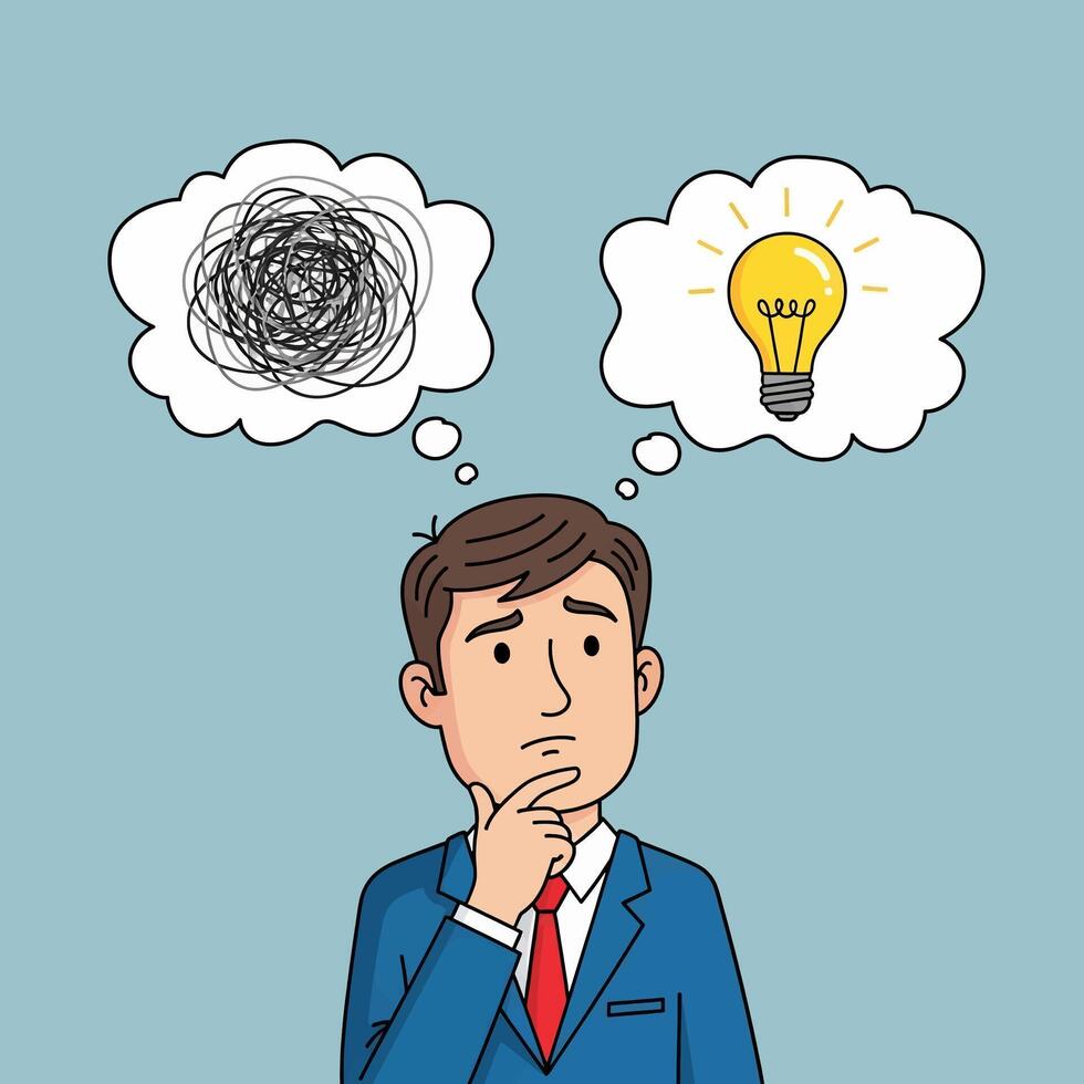 Man Thinking About Solution From Confusion to Idea Lightbulb Business Problem Solving Concept Illustration vector