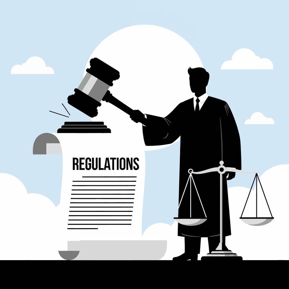 Judge with Gavel and Scales of Justice Over Regulations Document Symbolizing Law and Order vector