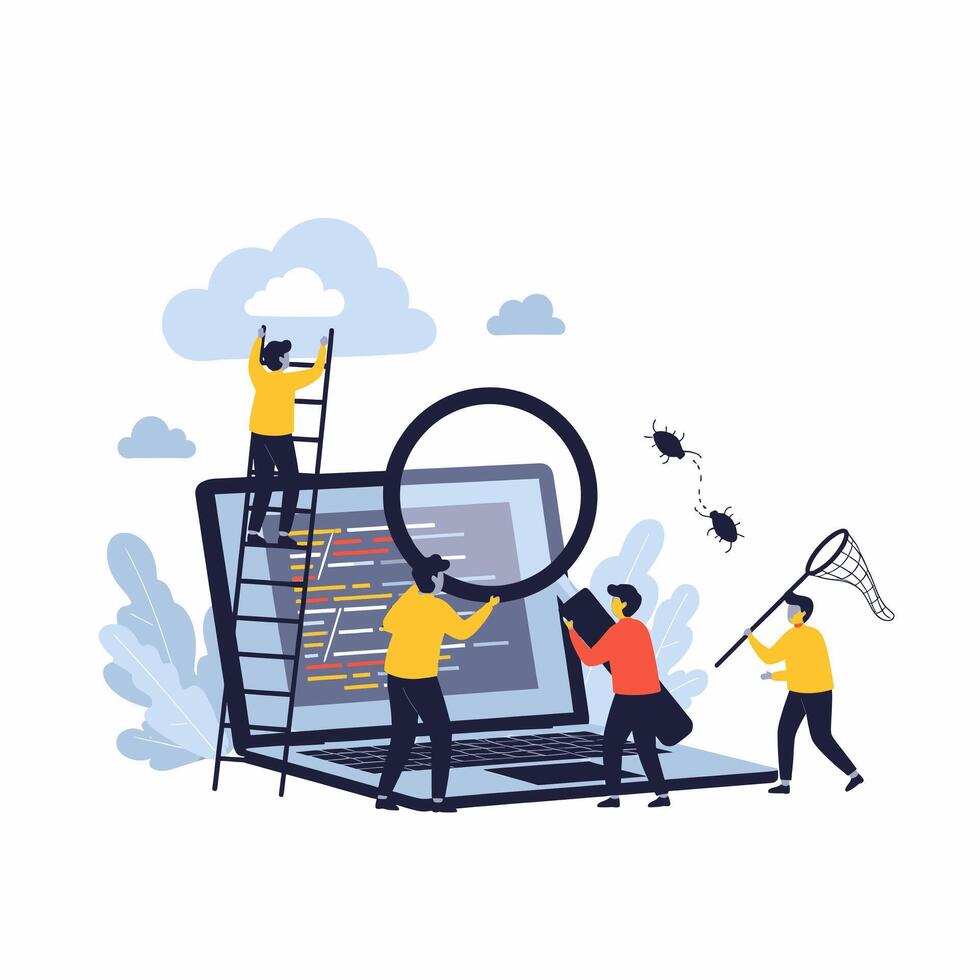 Software Development Team Debugging Code and Catching Bugs on Laptop Screen Cloud Integration Concept vector