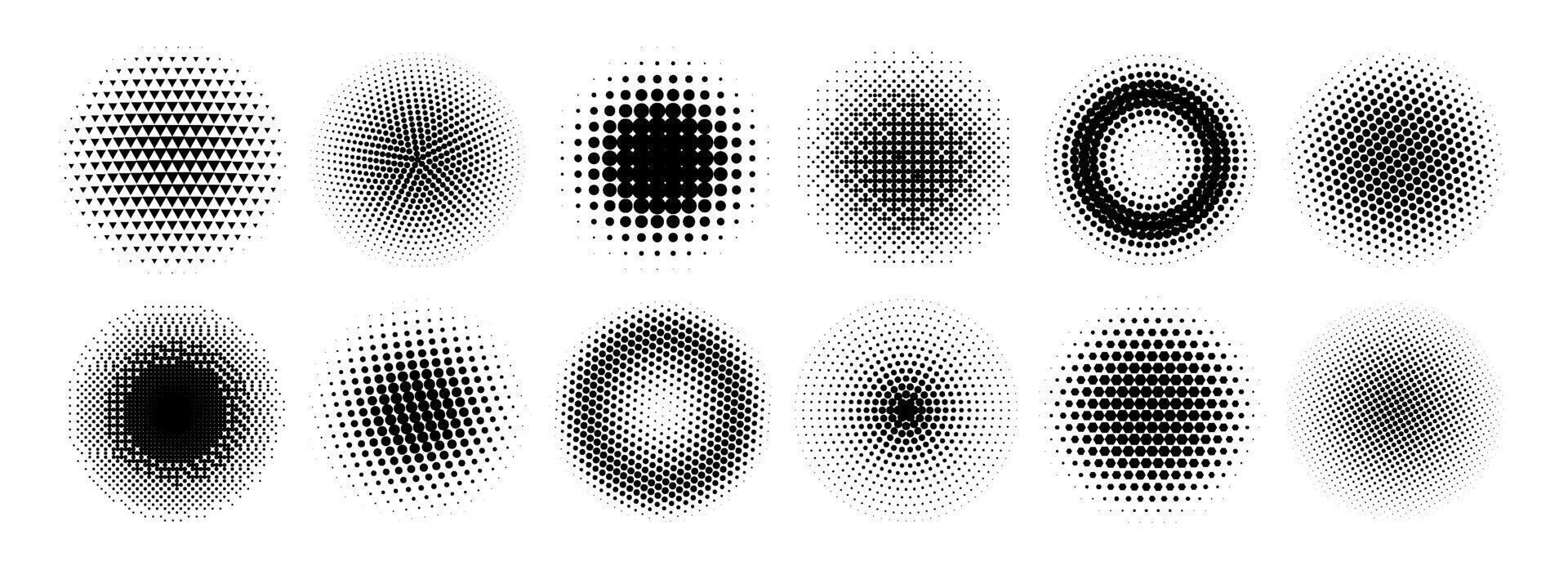 Halftone radial gradient collection. Dotted textured round patterns. Comic faded circles background set. Pixelated element pack for frame, poster, collage, banner, flyer. Cartoon bundle vector