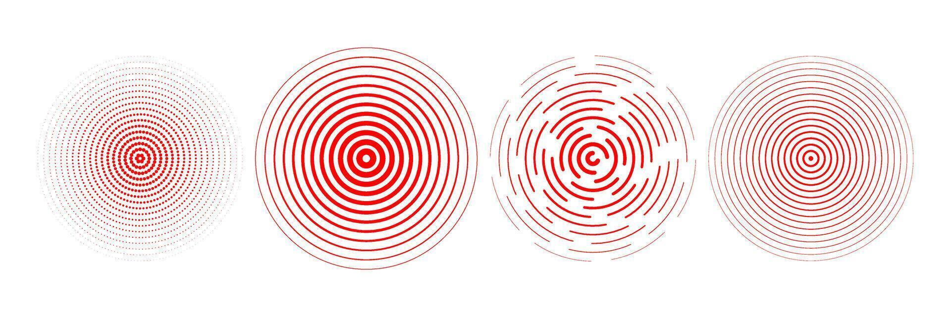 Red radial concentric circles. Rippled, dashed and dotted rings for epicenter, target, radar, earthquake shockwave symbols. Sound wave signal collection. Expansive vibration elements vector