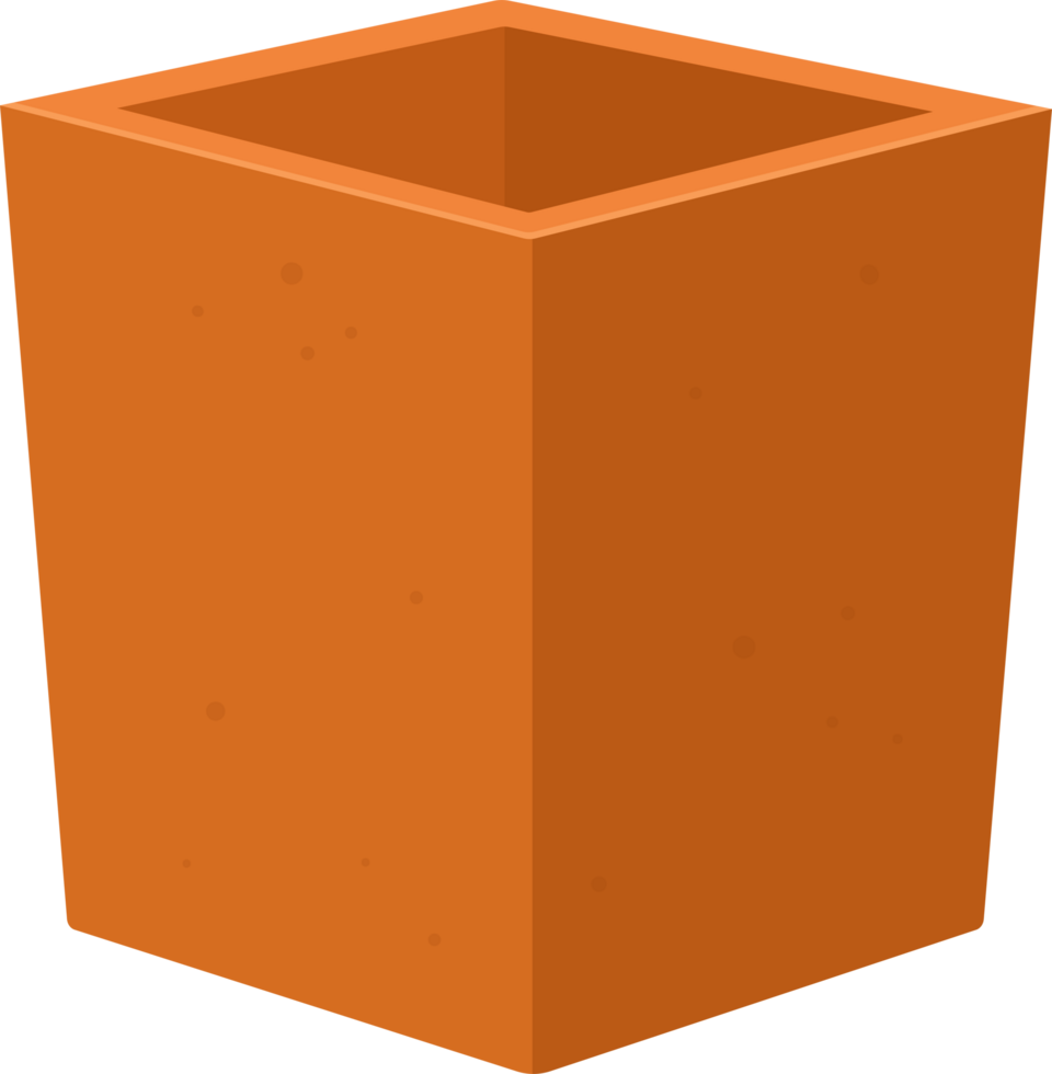 A 3D rendering of an empty orange square-shaped pot, viewed at an angle in digital artwork. png