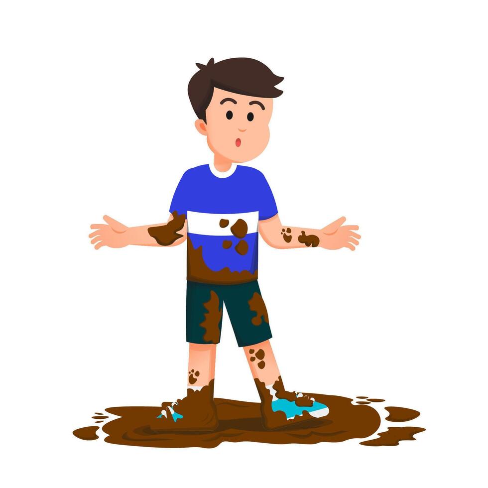A boy with a confused expression from getting hit by the mud vector