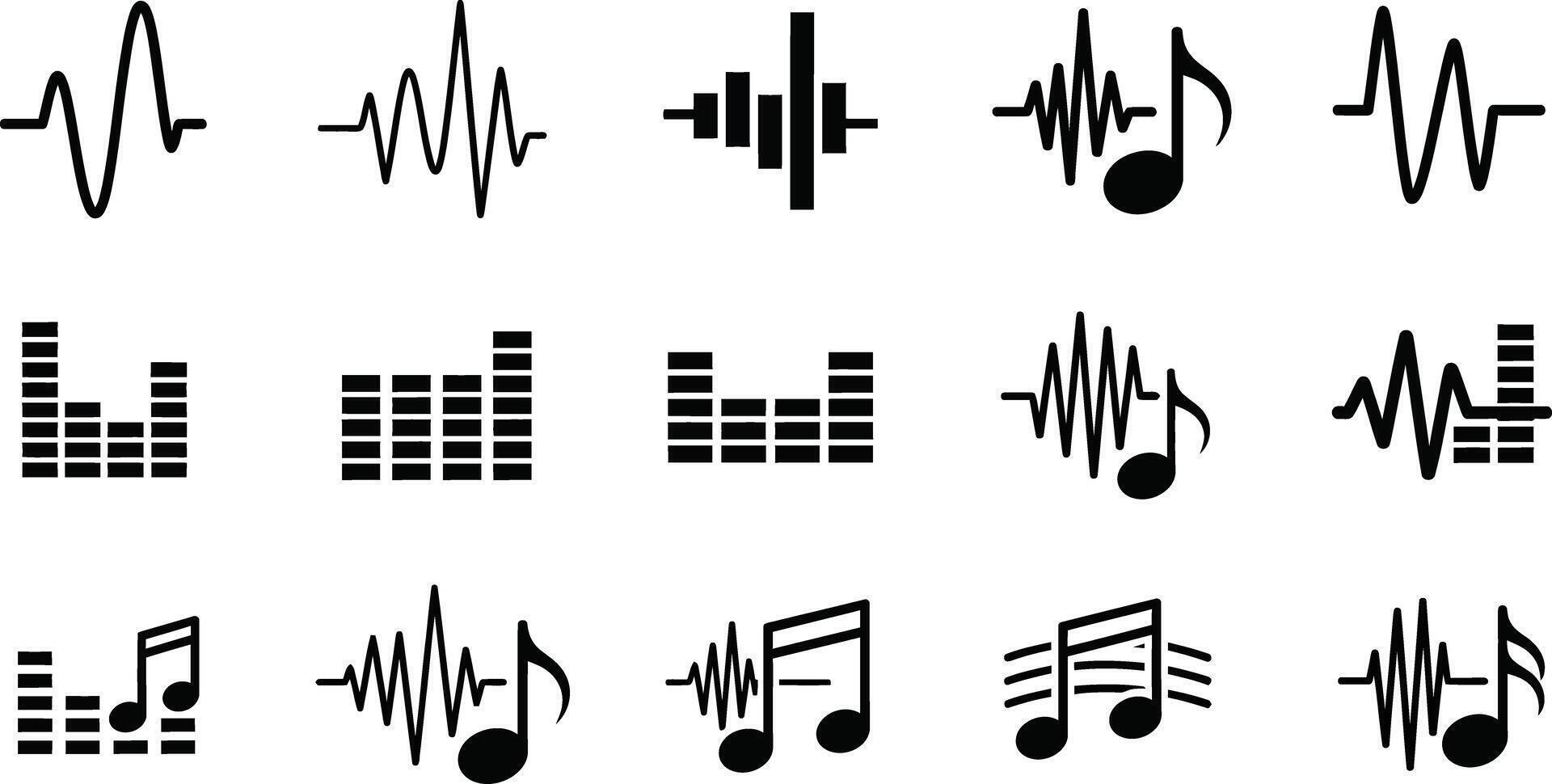 Black sound waves and music notes displaying audio frequency in a simple design vector