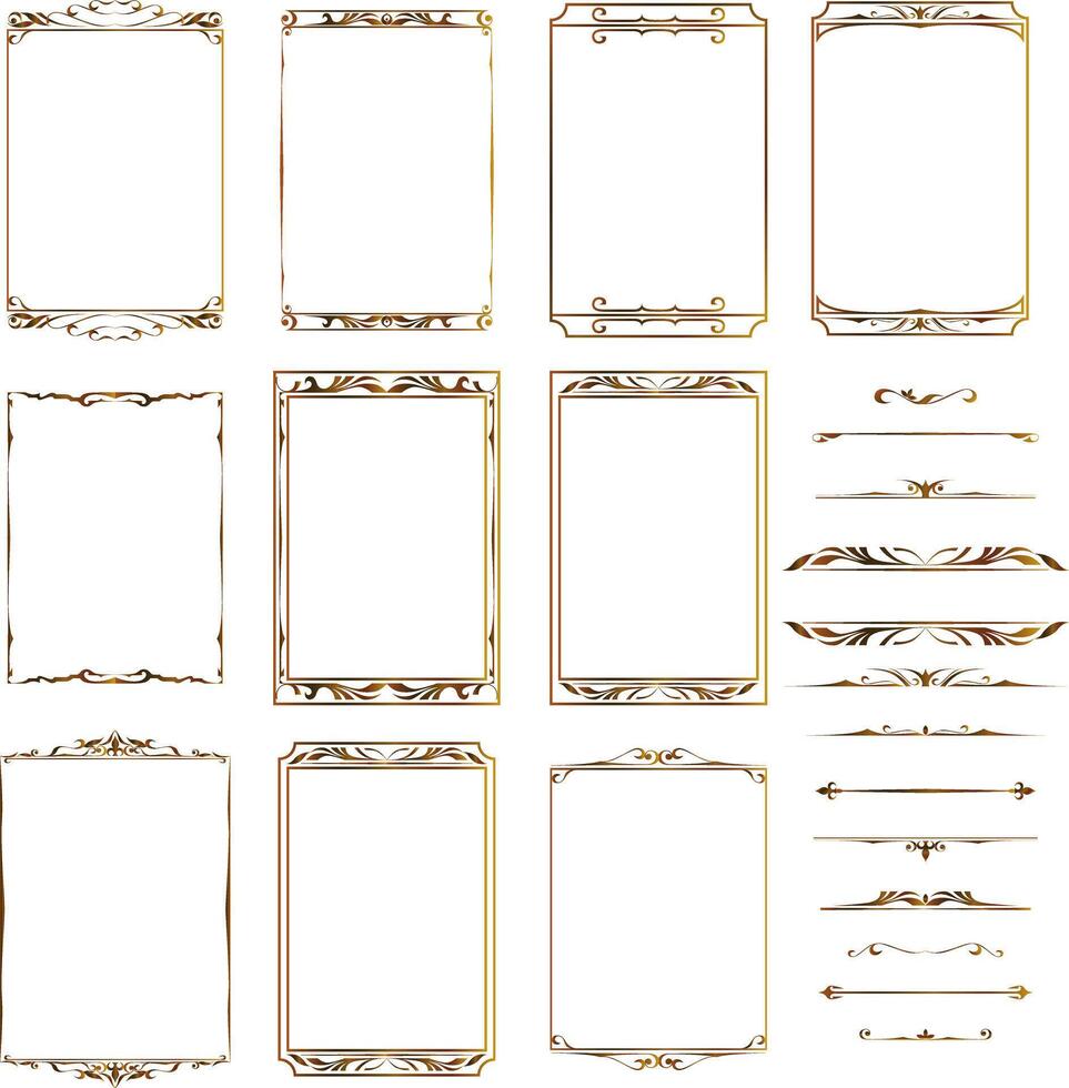 a set of vintage frames for graphic art and design, frames with a golden gradient, clipart on a white background, retro style borders vector