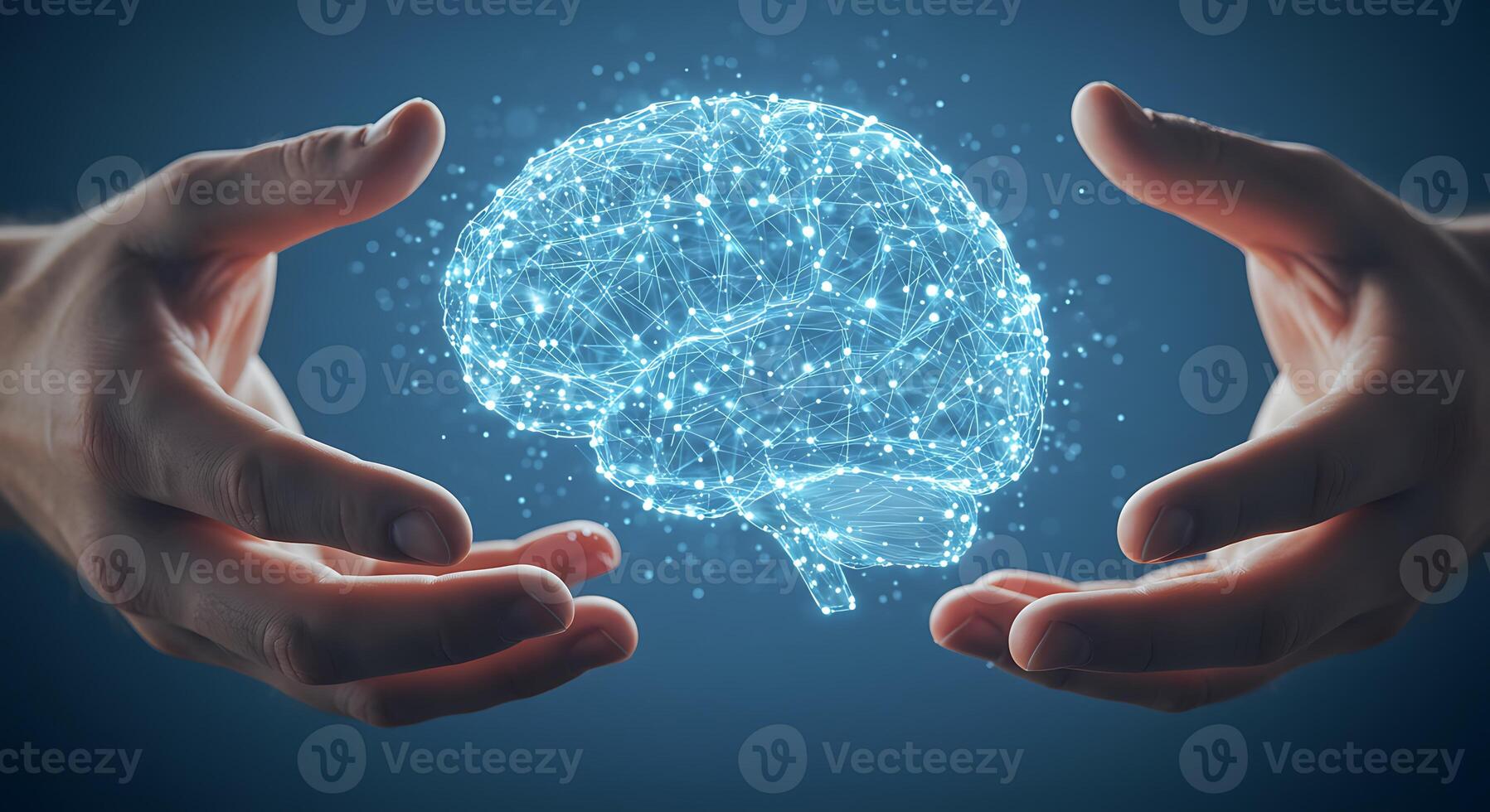 Hands Holding Digital Brain Network Symbolizing Artificial Intelligence and Innovation. photo