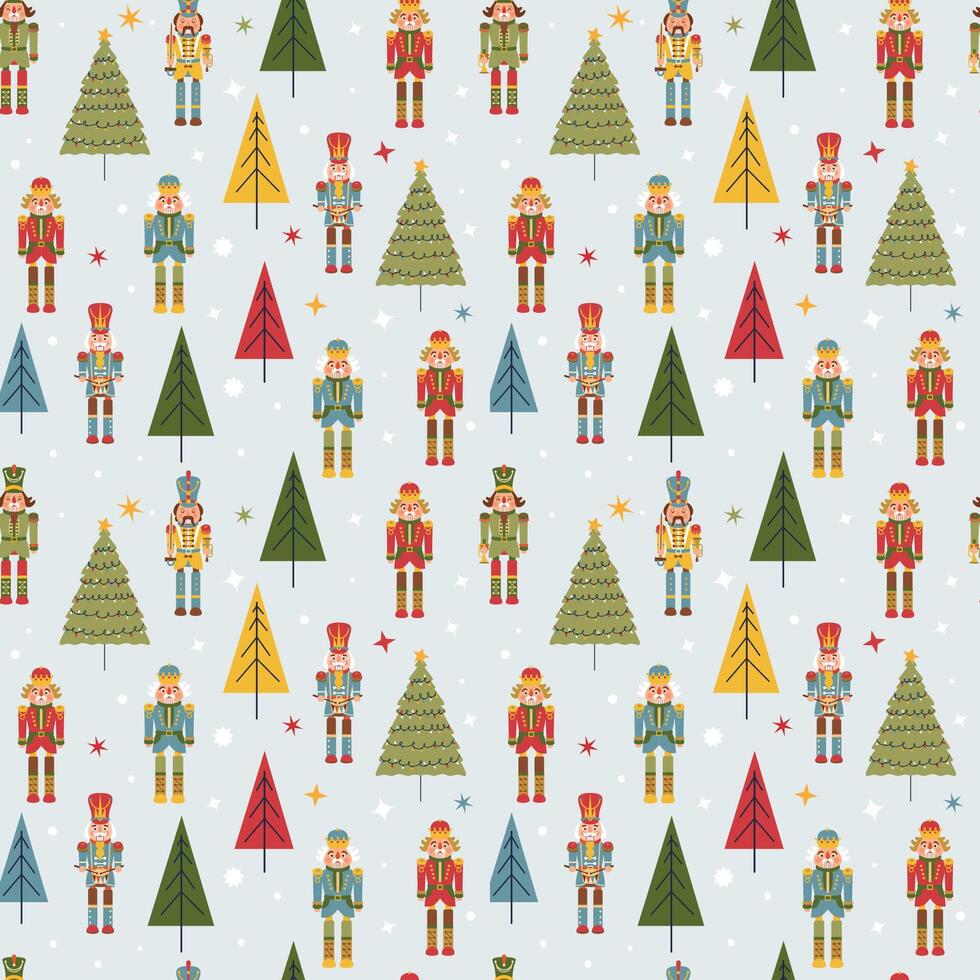 Seamless Christmas Pattern with Nutcrackers in on light background. vector