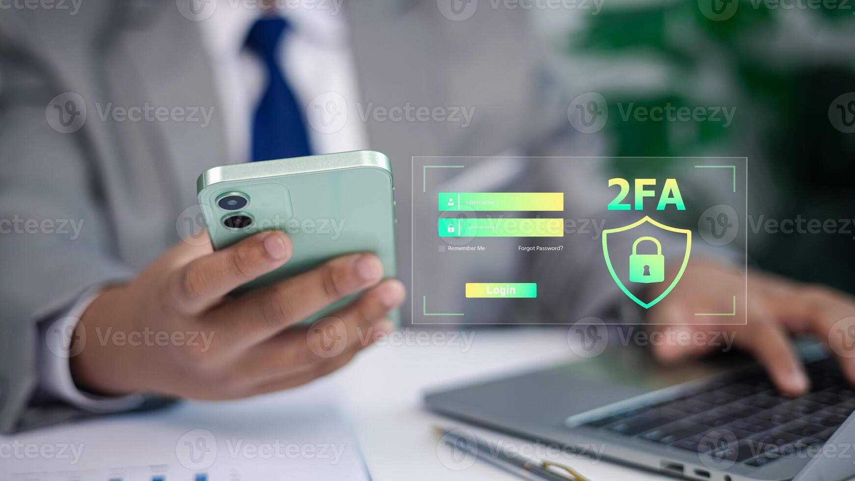Businessman using two-factor authentication 2FA login, smartphone, digital security, data protection, cybersecurity photo