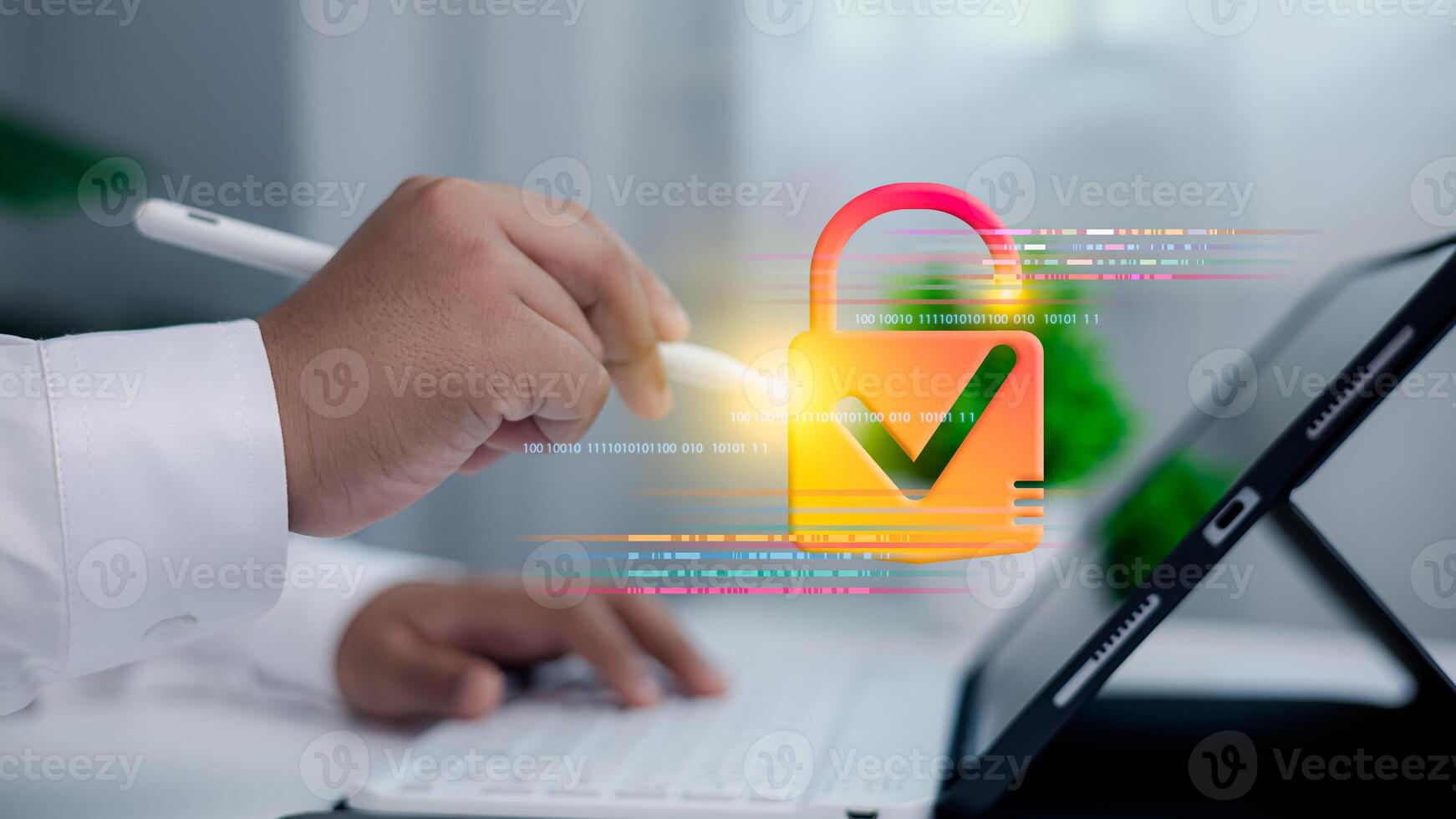 Cyber Security and Digital Authentication with Lock Icon and Check Mark on Tablet photo