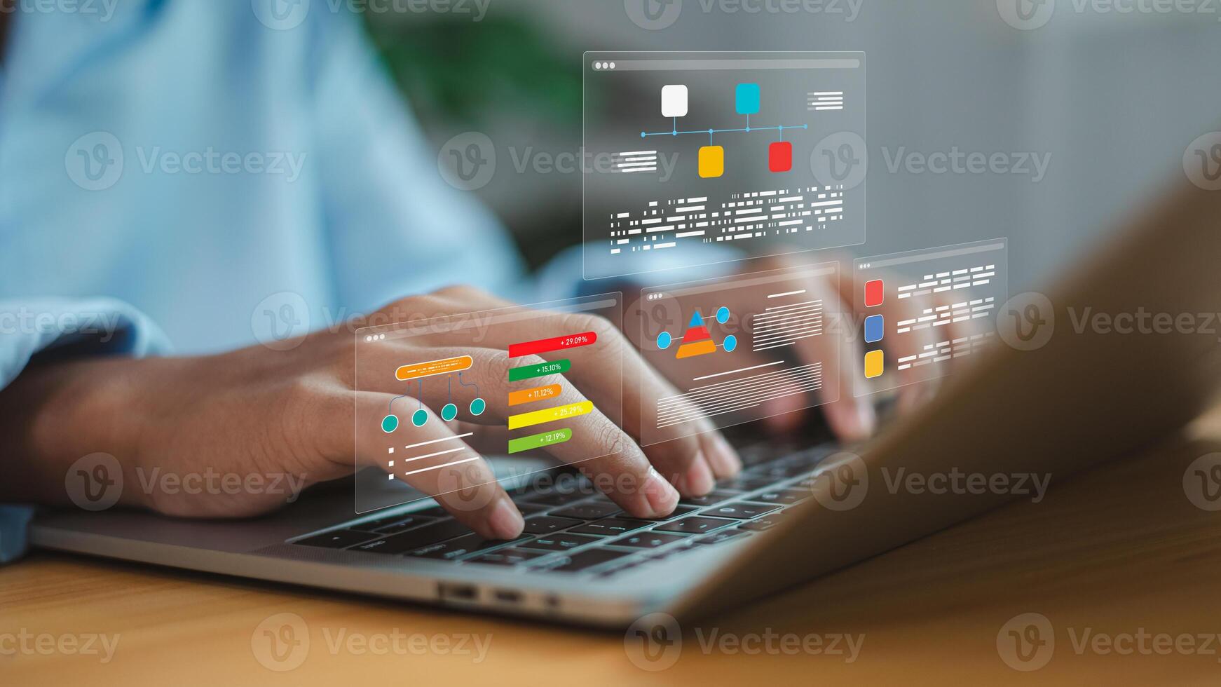 Business data analytics and project management concept, hands typing on laptop with digital charts and workflow interface photo