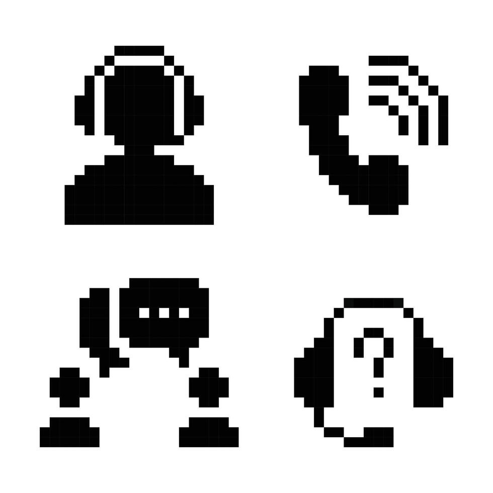 A set of black pixel art contact and communication icons perfect for retro UI design vector