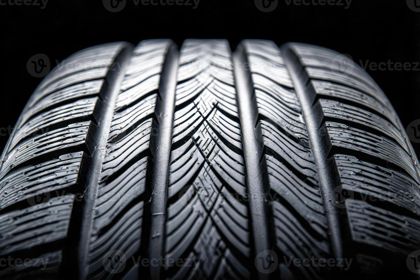 Macro view of a wet tire tread showcasing detailed grooves and patterns designed for optimal traction on dark reflective background lighting photo