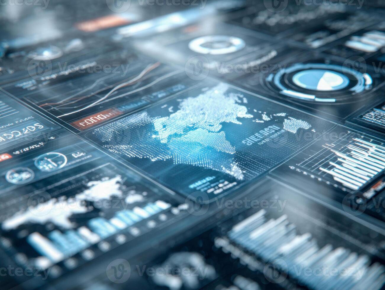 Advanced digital data visualization interface displaying global analytics, charts, and metrics in a futuristic high-tech environment for real-time insights and decision-making photo