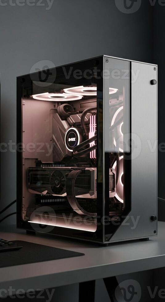 A computer case with a keyboard and mouse on a desk photo