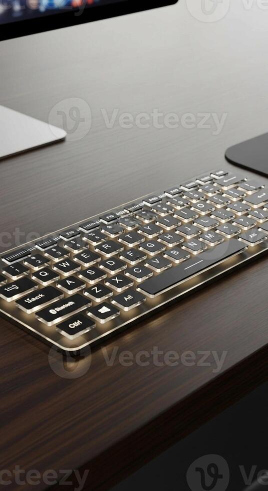 A keyboard on a desk with a computer and mouse photo