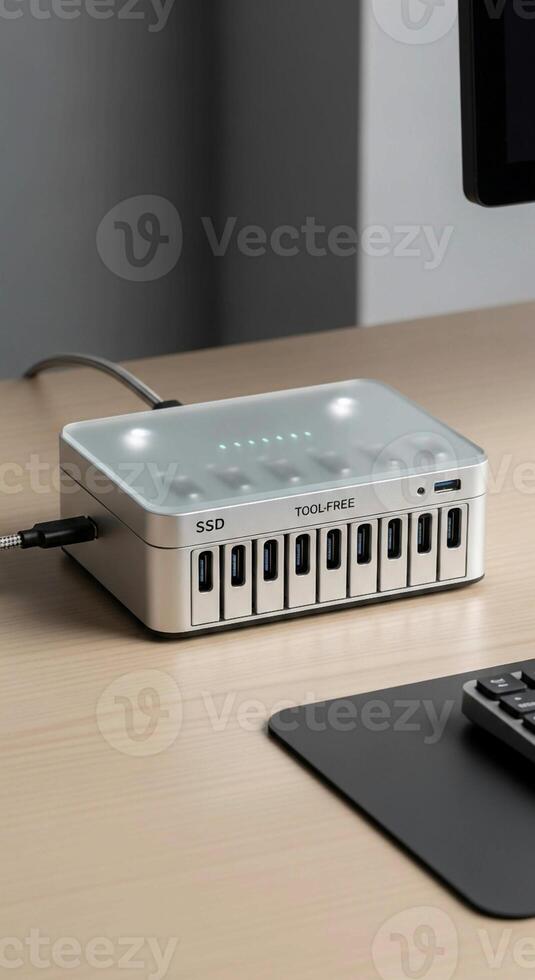Compact silver electronic device with multiple input output ports and illuminated indicators on a desk surface photo