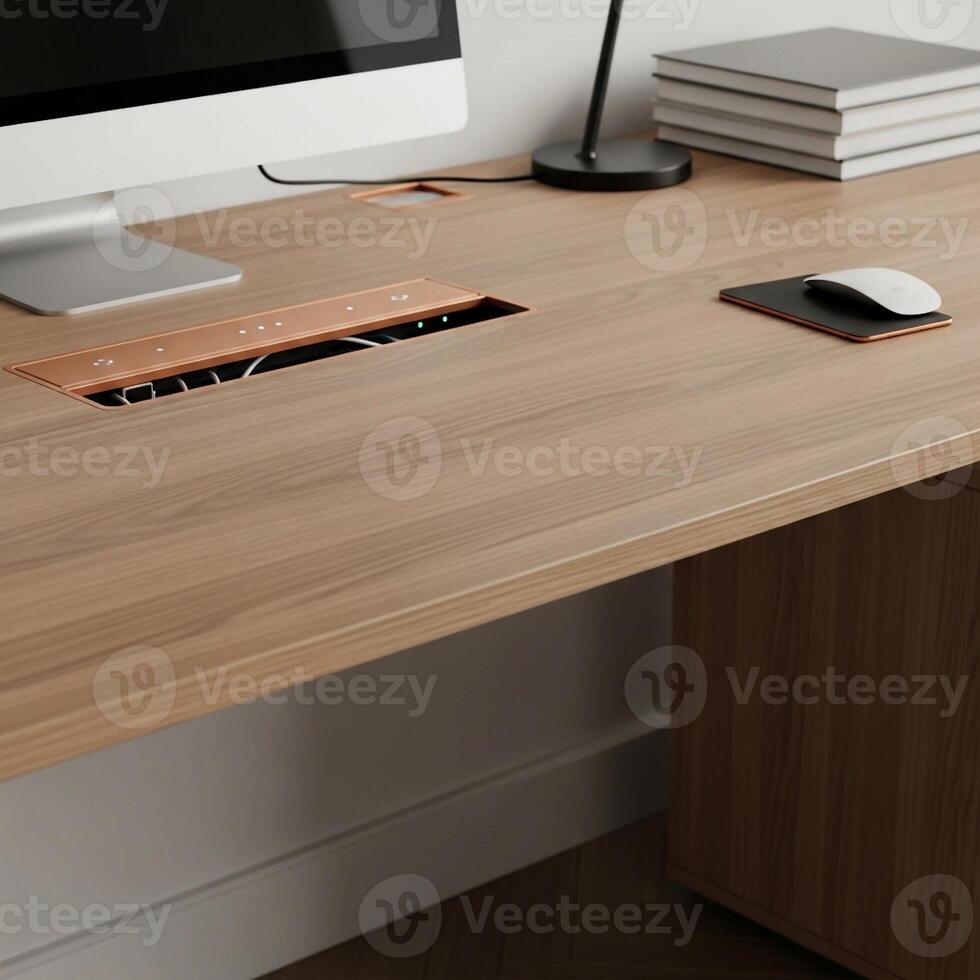 A desk with a computer, mouse and keyboard photo