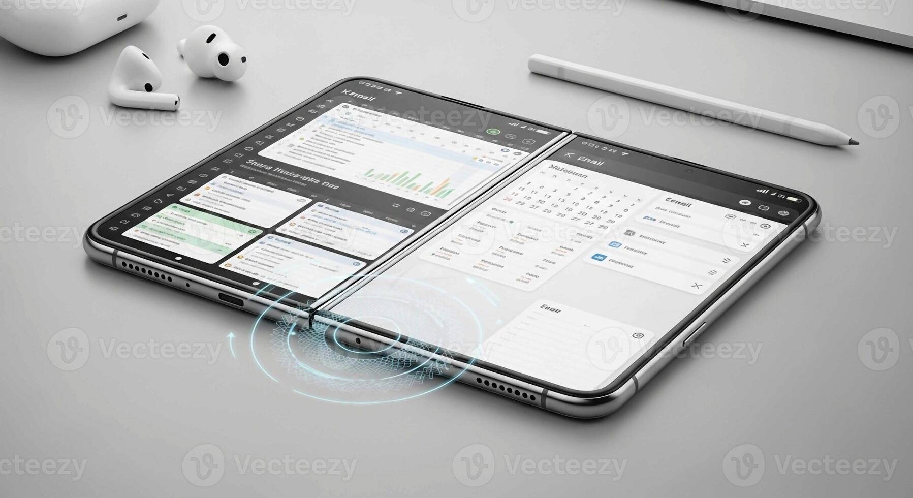 Modern smartphone displaying multiple apps and productivity tools on a clean desk surface photo