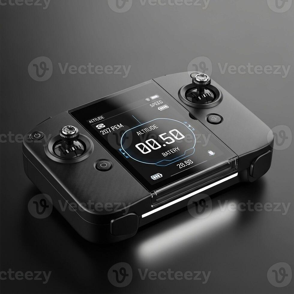 Modern black drone remote controller with digital display and joysticks on a dark reflective surface photo