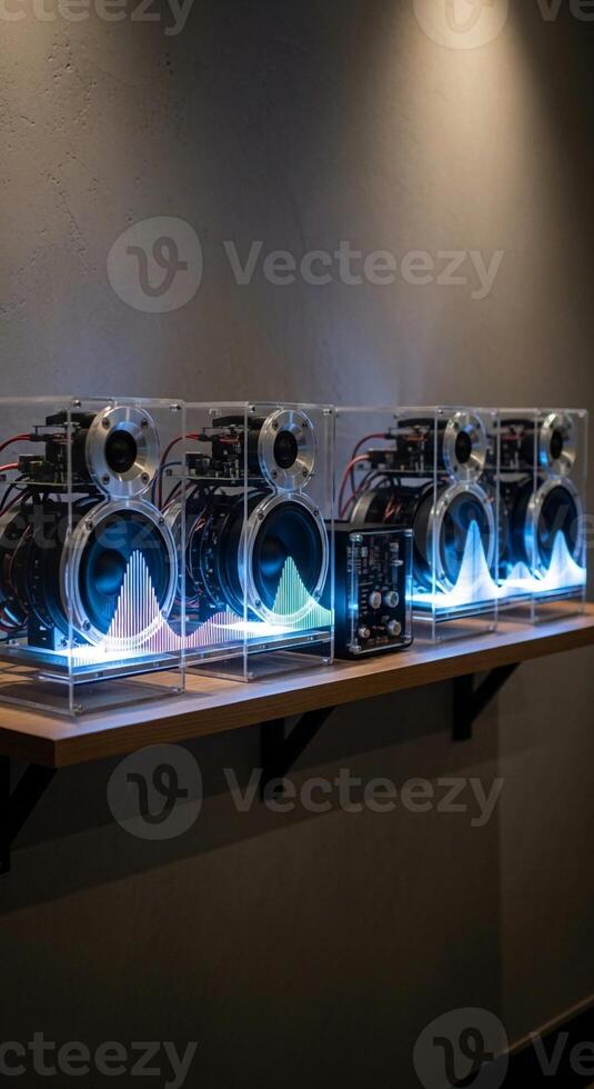 A row of three computer speakers on a shelf photo