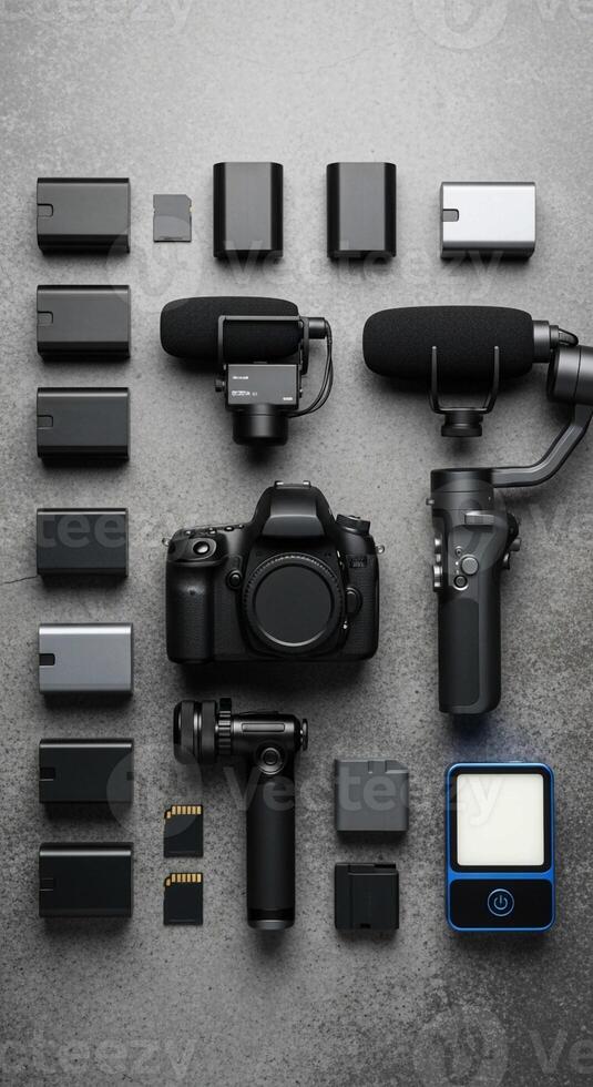 A camera, microphone, and other electronic devices arranged on a gray surface photo