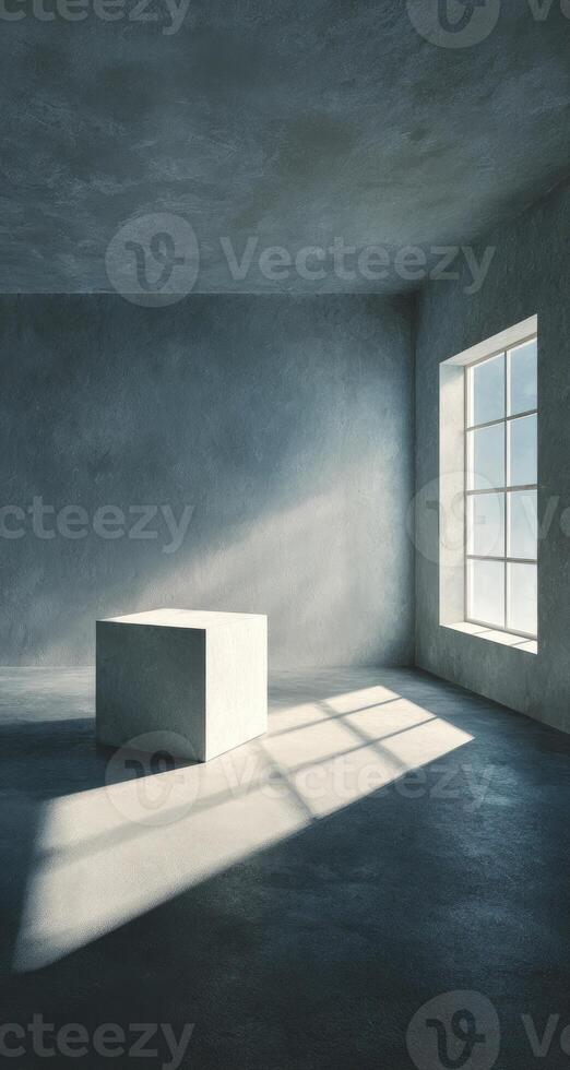 Empty room with concrete walls, a large window, and a white cube. Sunlight casts shadows photo