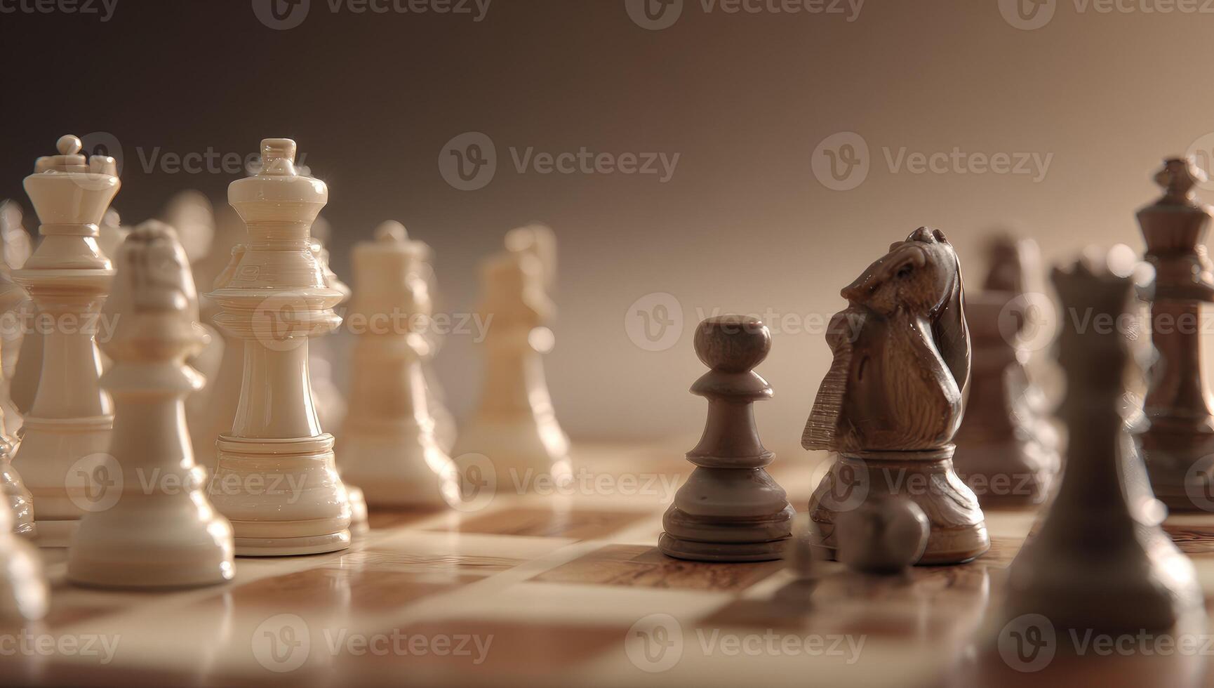 Chess pieces arrayed on a board, light highlighting the foreground photo