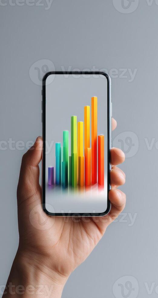 Smartphone displaying colorful bar graph rising, held in hand photo