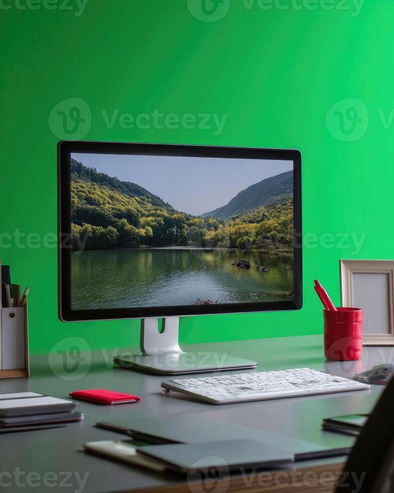 A computer monitor displaying a landscape image on a green studio background, with office supplies on a gray desk photo
