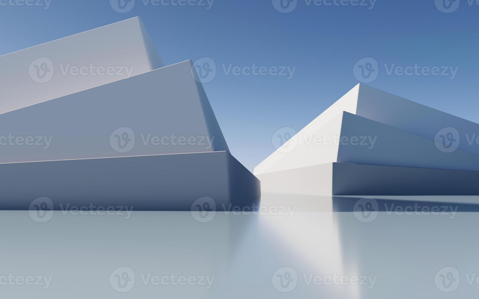 Minimalist empty modern architecture abstract 3D render of futuristic geometric buildings and clean urban structures with blue sky, soft reflections and contemporary background for design. photo