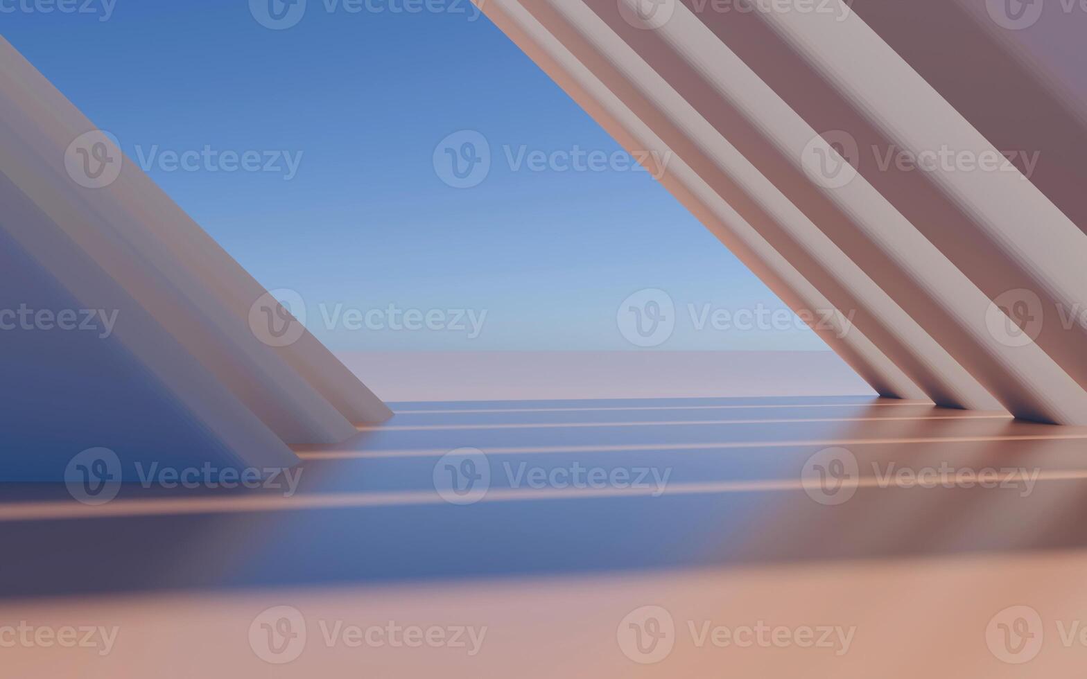 Minimalist empty modern architecture abstract 3D render of futuristic geometric buildings and clean urban structures with blue sky, soft reflections and contemporary background for design projects.3d photo