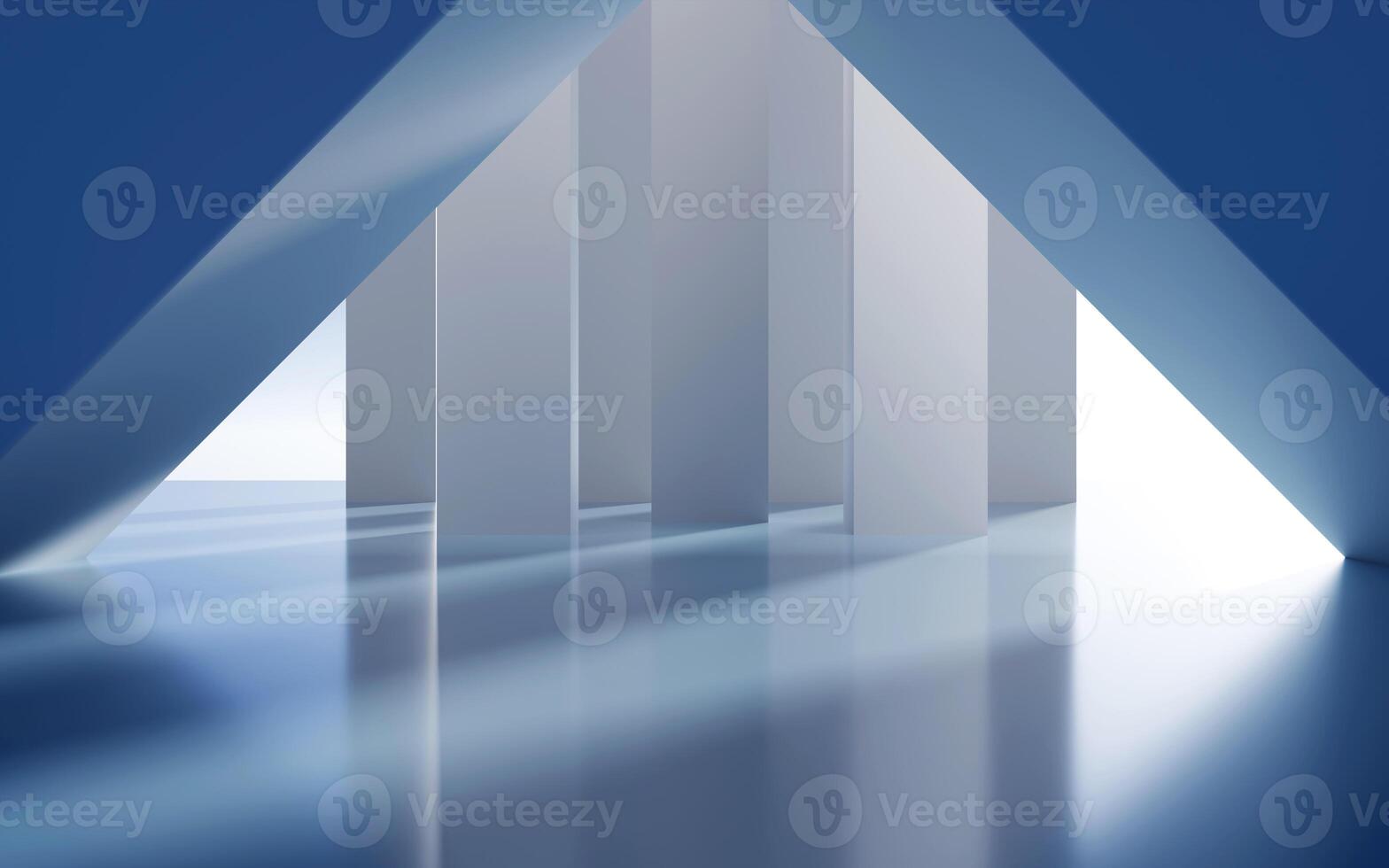 Minimalist empty modern architecture abstract 3D render of futuristic geometric buildings and clean urban structures with blue sky, soft reflections and contemporary background for design photo