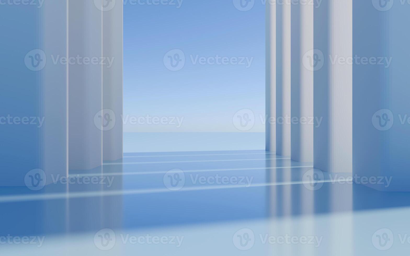 Minimalist empty modern architecture abstract 3D render of futuristic geometric buildings and clean urban structures with blue sky, soft reflections and contemporary background. photo