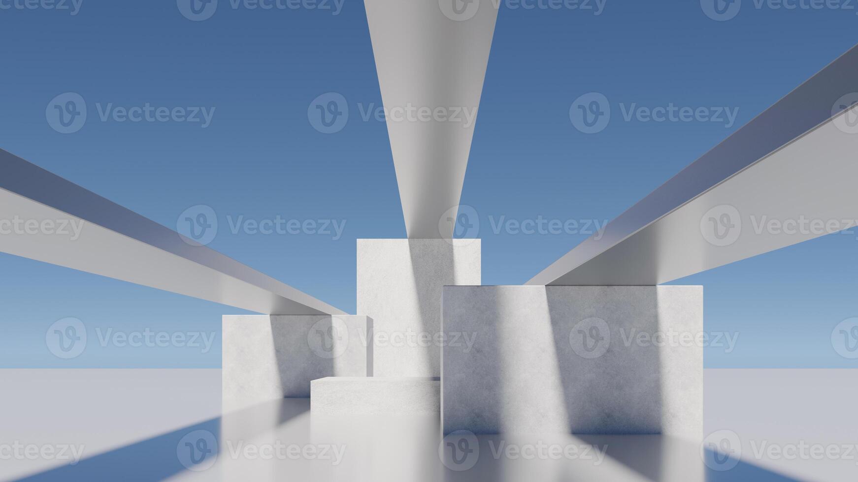 Empty minimal modern architecture abstract 3D render of futuristic geometric buildings and clean urban structures with blue sky, soft reflections and contemporary background for design projects. Art photo