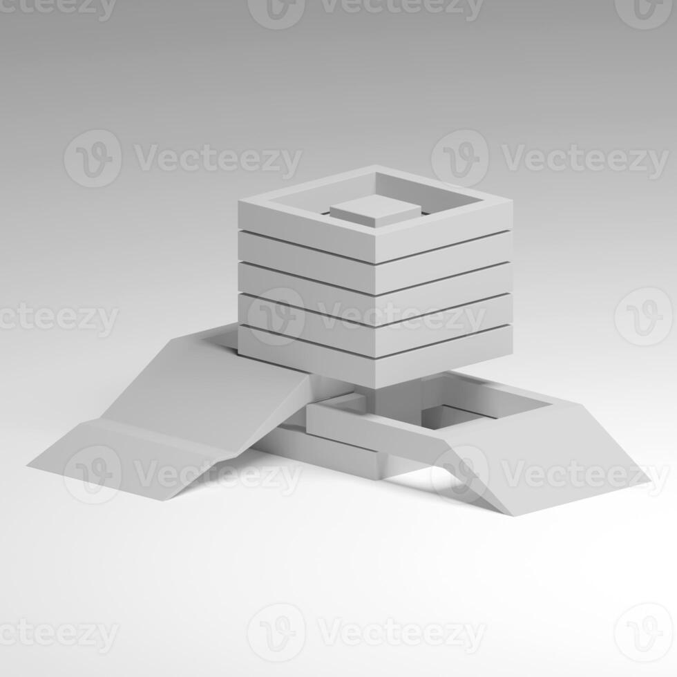 Futuristic Minimal Architecture Building Concept in White 3D Render. Modern Abstract Urban Tower with Geometric Shapes, Ramps, and Stairs for Future City Design Visualization. Minimal structure photo