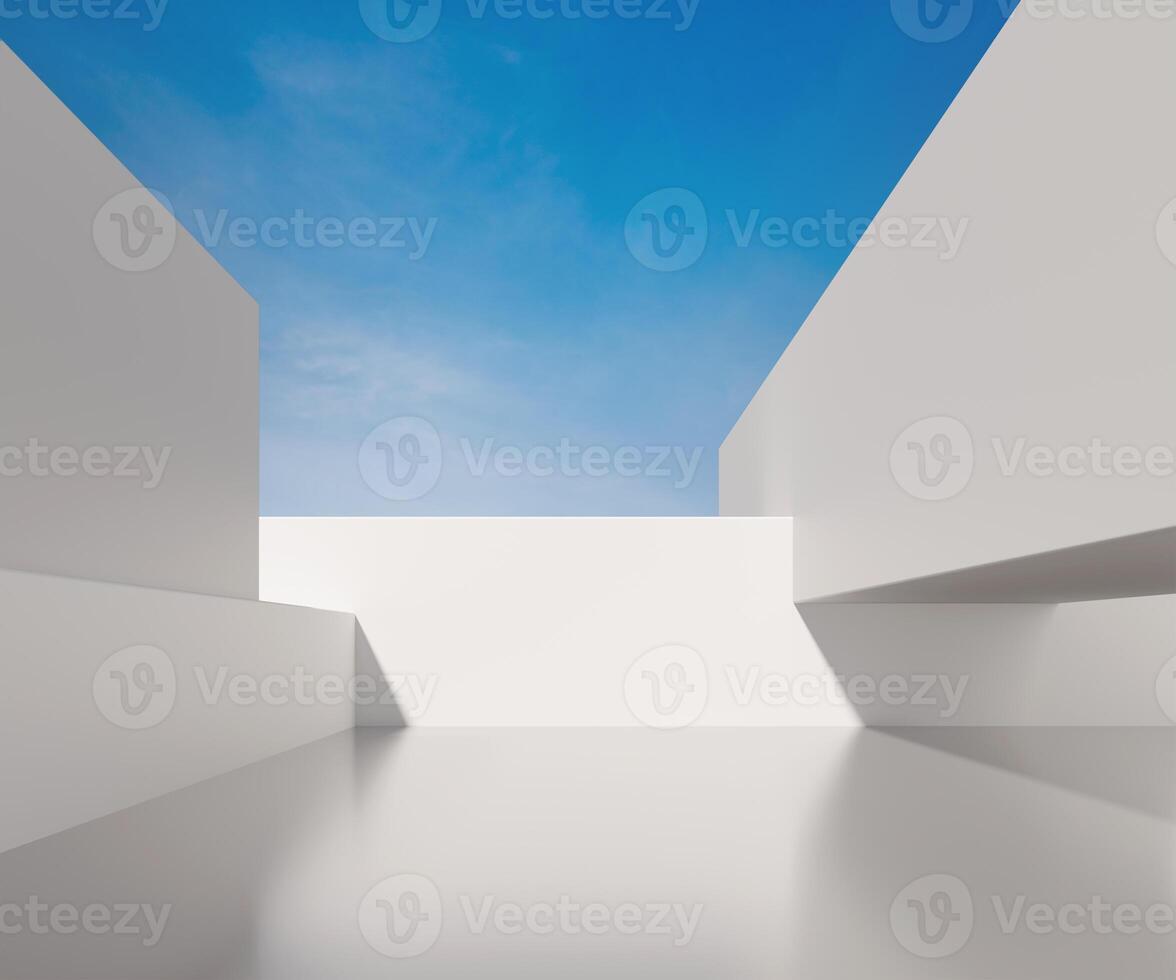 Empty minimal modern architecture abstract 3D render of futuristic geometric buildings and clean urban structures with blue sky, soft reflections and contemporary background for design projects.. photo