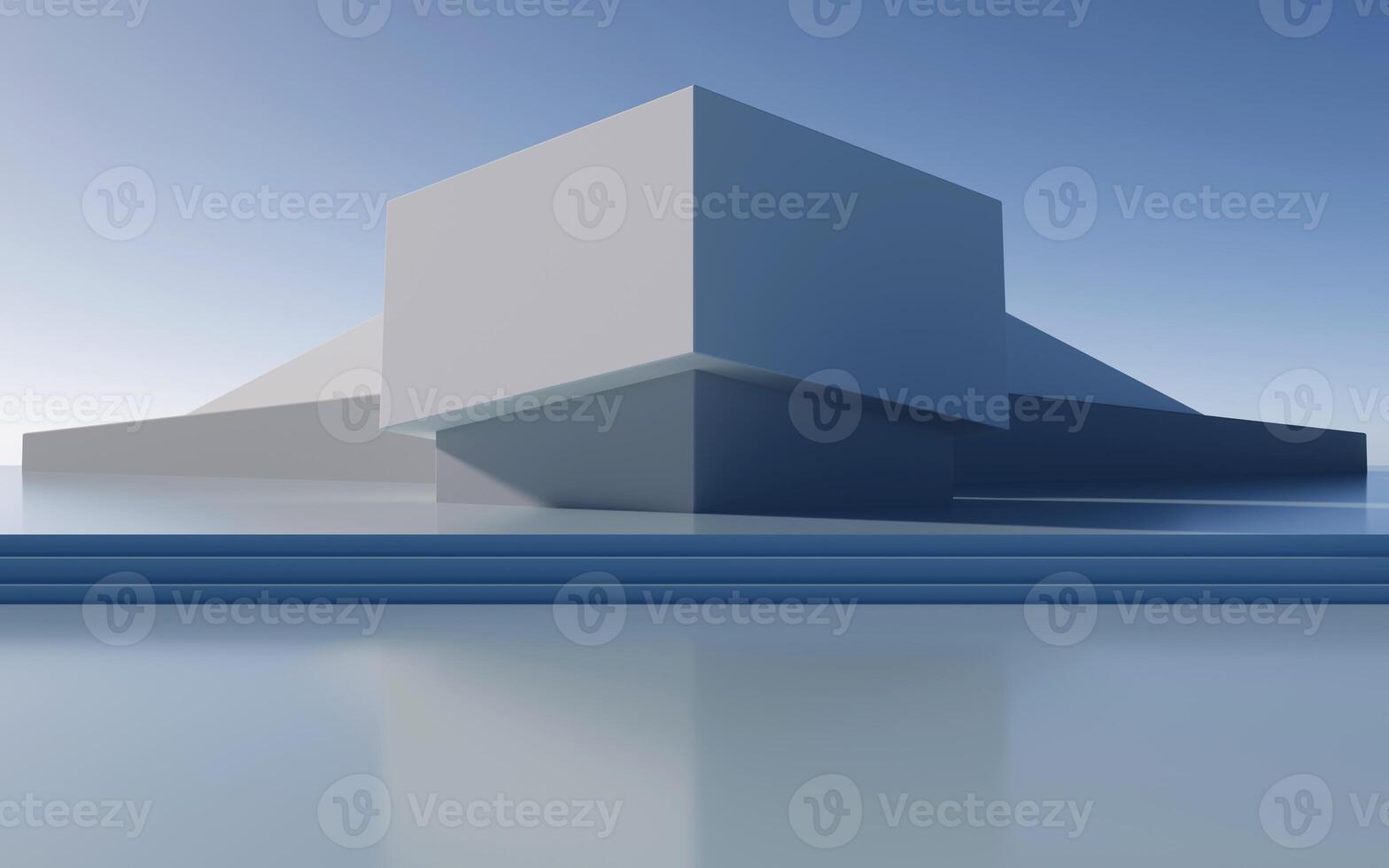 Minimalist empty modern architecture abstract 3D render of futuristic geometric buildings and clean urban structures with blue sky, soft reflections and contemporary background for design projects. photo
