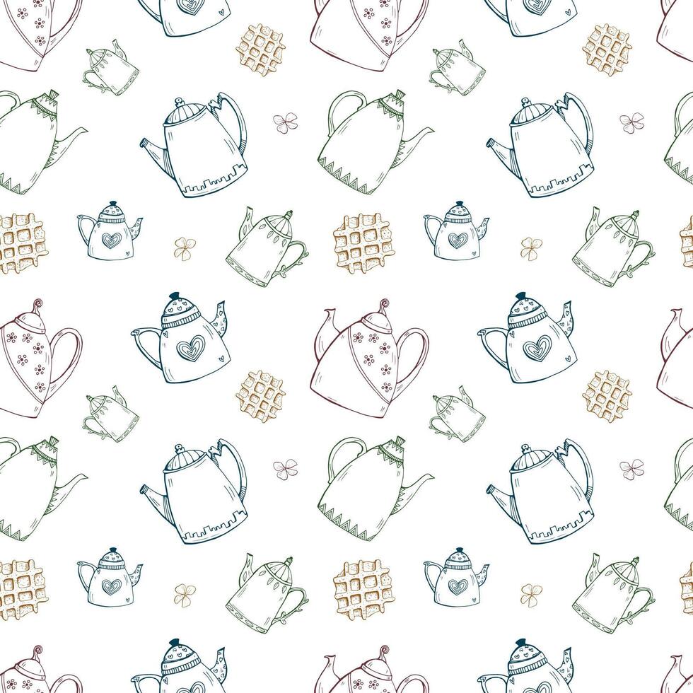 Hand drawn coloured pattern with teapots and waffles. Doodle style. vector